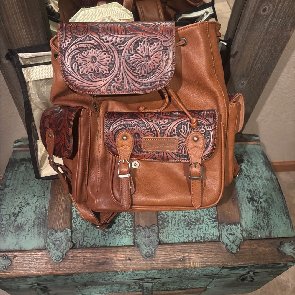 Wrangler Brown Leather Backpack with Patterned Accents rarely used